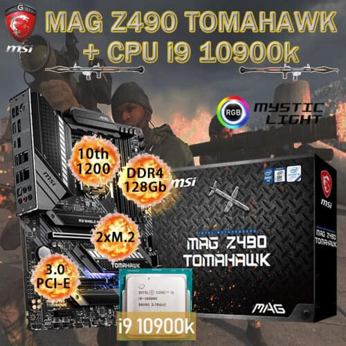 LGA 1200 MSI MAG Z490 TOMAHAWK Motherboard + Intel Core i9 10900K CPU Set DDR4 128GB M.2 PCI-E 3.0 Placa-mãe Desktop Intel Z490
