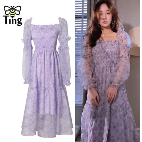 Tingfly Summer Sweet Girl Puff Sleeve Floral Casual Dress Princess Square Collar Fairy Dress A Line Kawaii Light Elbise Fashion
