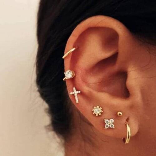 Fashion Personality Womens Earrings Creative Full Diamond Cross Earring Ear Clip Seven-Piece Set 2021 Trend New Party Gift