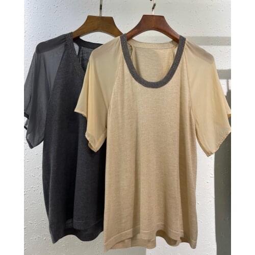 Fashion Ladies 2021 New Short Sleeve Sexy Casual Solid Color Neckline Beaded Top 0312