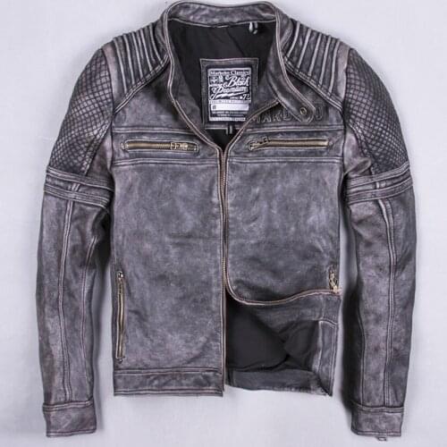 Vintage pattern men real cowskin do old slim motorcycle jacket punk style gray mens leather coat wind jackets