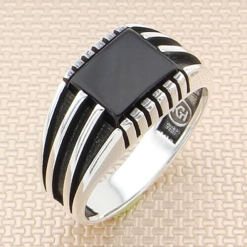 Square Black Onyx Stone Men Silver Ring With Symmetrical Motif Made in Turkey Solid 925 Sterling Silver