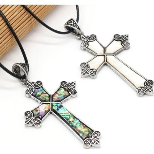 Wholesale Natural Shell Abalone Pendant Necklace Simple Cross Shape Antique Silver Alloy Necklace Jewelry Good Quality