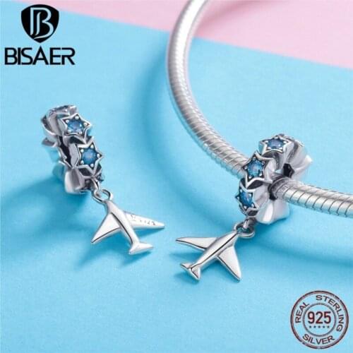 BISAER Real 925 Sterling Silver Travel Dream Charms Star And Plane Beads Charm fit Original Bracelets Silver 925 Jewelry ECC882
