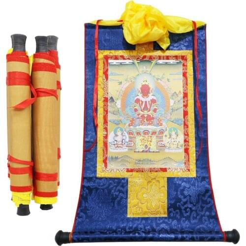 Gandhanra Tibetan Buddhism Tangka Portrait,Buddha of Longevity,Stamping Brocade Painting,Tantric Buddhist Gift,Home Decor