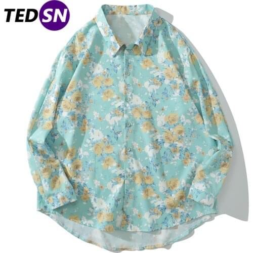 Hip Hop Flowers Floral Print Casual Shirts Harajuku Streetwear Oversized Shirt Autumn Cotton Loose Hawaiian Shirts Long Sleeve