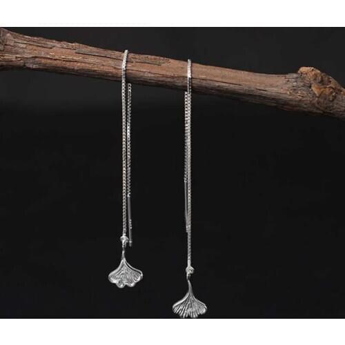 Silver 925 Ginkgo Leaves Line Threader Earrings Tassel Trendy Jewelry Minimalism Long Drop Earrings for Women YEA108