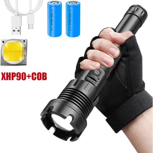 Super Bright COB LED XHP90 Powerful Flashlight Rechargeable Hand Lamp Tactical Lantern Flashlight Hiking Torch 26650 Battery