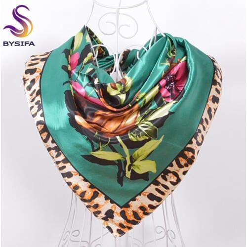 Green Rose Leopard Print Silk Scarf Printed 90*90cm Ladies Satin Square Scarves Green,Navy Blue,Coffee, Yellow,Red, Dark Blue