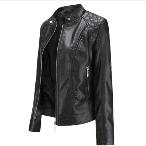 New 2020 Spring and Autumn OL Stand Collar Stand Collar Leather Jacket Women Moto Biker Coat PU Jacket Autumn Jacket Black Red