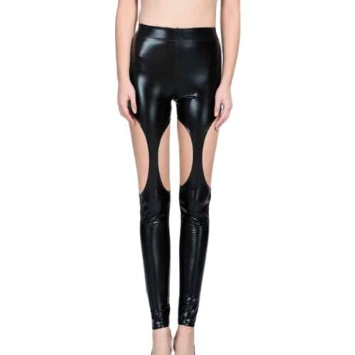 Women fashion punk sexy bright imitation leather pants lady night bar party club pant hollow out silver gold skinny leggings