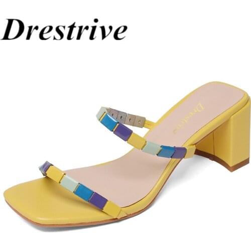 Drestrive Women Sandals Square Toe Full Genuine Leather 20201 Summer Thick High Heel Shoes Mixed Colors Fashion Slippers Cow
