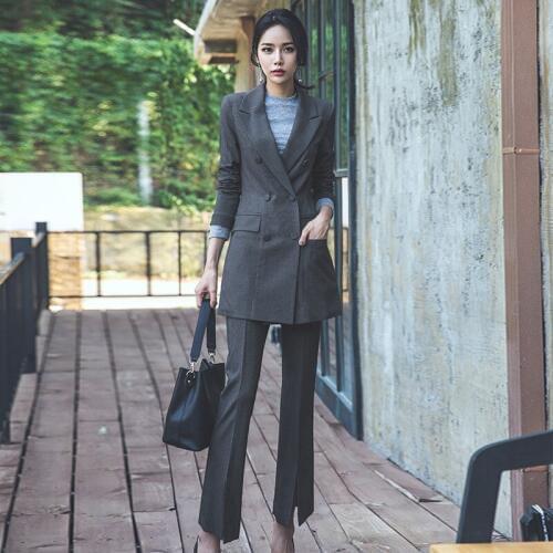 Womens suit long section suit bell bottom pants two sets of women 2018 autumn new striped double-breasted temperament