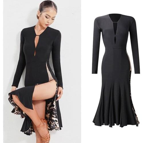 2021 Latin Dance Dress Women Black Long Sleeves Dress Sexy Leopard Ballroom Competition Clothing Winter Dance Clothes DNV15234