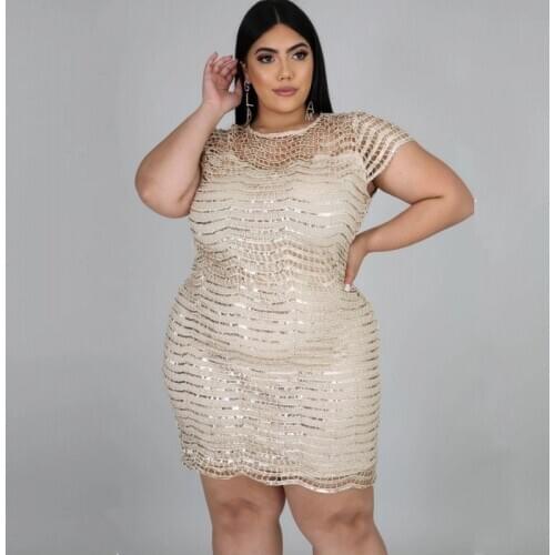 5XL Plus Size Dresses Women O Neck Short Sleeve Sequins Hollow Patchwork Dress 2021 Fashion New Sexy Night Party Dress Vestidos