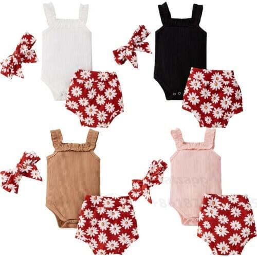 3Pcs/Set Newborn Baby Girls Ribbed Clothes Set Casual Infant Baby Girl Sleeveless Knit Sling Romper+Daisy Print Shorts+Headband