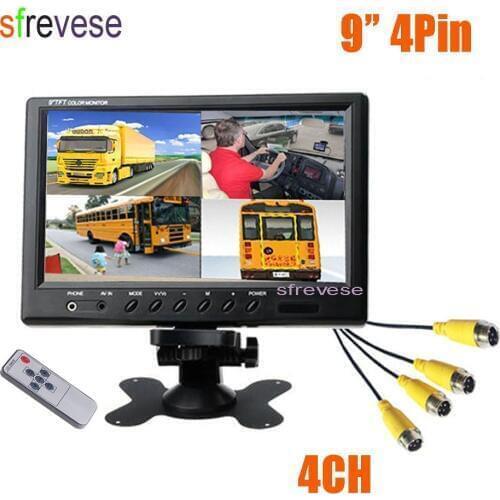 Vehicle Car Rear View 9" LCD Monitor 4CH Quad Split Screen 4 Pin For Bus Truck Caravan Van Motorhome Camper 12V-24V