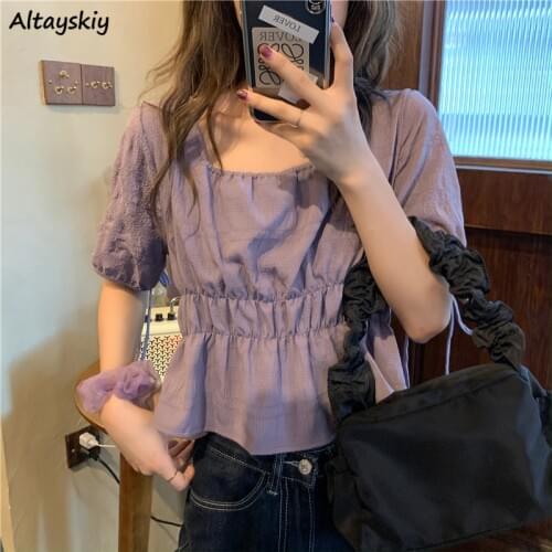 Blouses Women Korean Purple Plested Design Puff Sleeve Summer Elegant Feminina Tops Square Collar Simple New Basic Ladies Blusas
