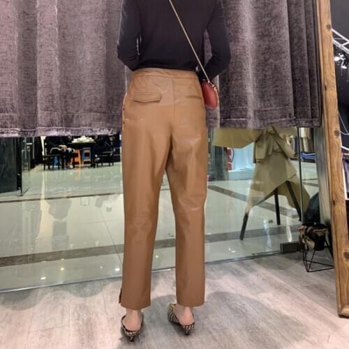 Luxury Sheepskin High Waist Genuine Trousers Women Loose Natural Real Leather Pencil Harem Pants Lady Streetwear