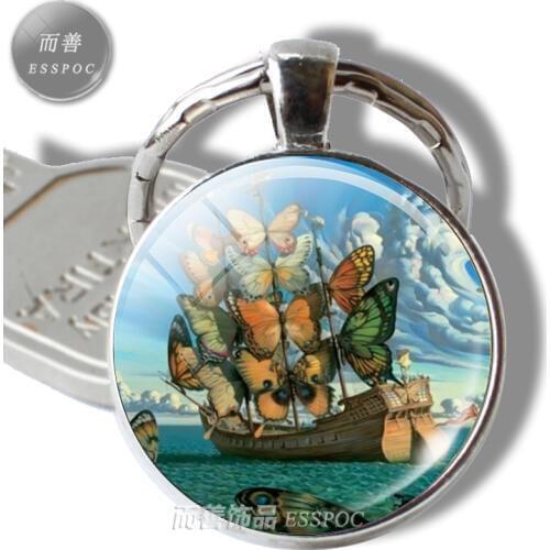 Dali El Salvador Key Chain Oil Painting Pendant Fashion Accessories Butterfly Jewelry Glass Dome Ship Key Ring Gift