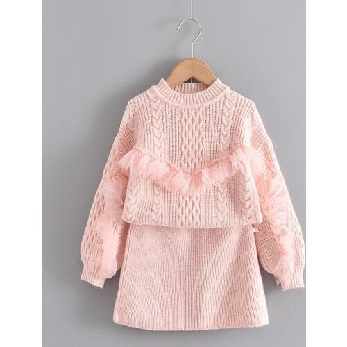 27KIDS Girls Winter Autumn Princess Knitted Skirt Dress with Lace Kids Clothes Children Clothing Party Style Casual Dresses Sets