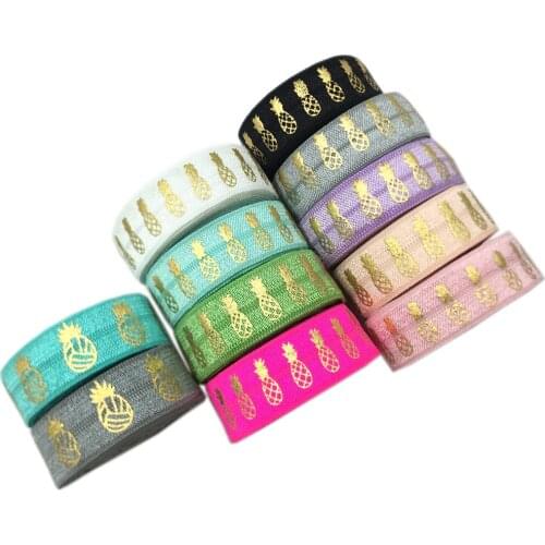 10Yards 15mm Rose Gold Foil Pineapple Print Fold Over Elastic FOE Ribbon Webbing For Headwear Hair Sewing Accessories