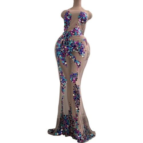 Summer Nightclub Mesh Dress See Through Sequins Dress Women Prom Party Celebrate Party Long Tail Dress Evening Bodycon Dresses