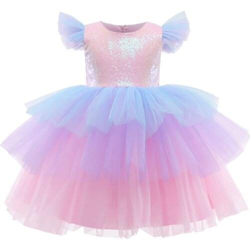 Girls Cake Tulle Layers Dresses For Kids Elegant Wedding Sequin Princess Dress Children Evening Formal Party Lace Prom Tutu Gown