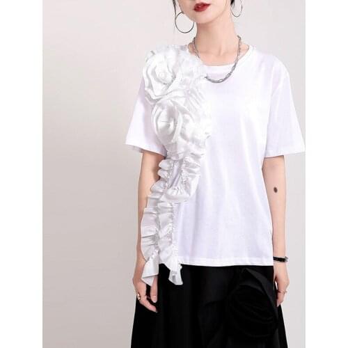 Fashion Clothes Women 3d Flowers White T-shirt Sumer Short Sleeve Solid Loose Tees Round Neck Chic Three-dimensional Design Top