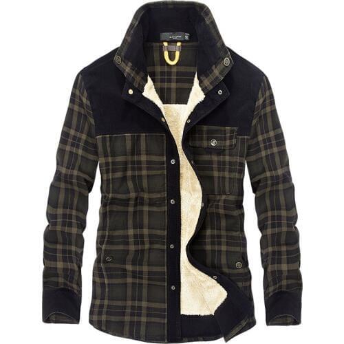100% Cotton Plaid Shirt Men Winter Thick Warm Fleece Long Sleeves Shirts Single Breasted Casual Wool Jackets Military Shirt Men