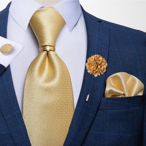 Mens Ties Yellow Solid Jacquard Woven Silk Wedding Tie Pocket Square Cufflinks Brooch Necktie Ring 5pcs Set Mens Gift DiBanGu