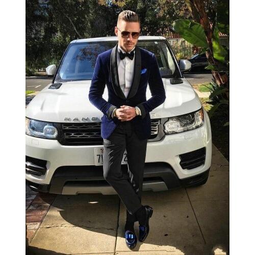 Custom Made Shawl Lapel Navy Blue Velvet Men Suit Slim Fit Tuxedos Wedding Suits Blazer With Pants Dinner Prom Groomsmen Suits