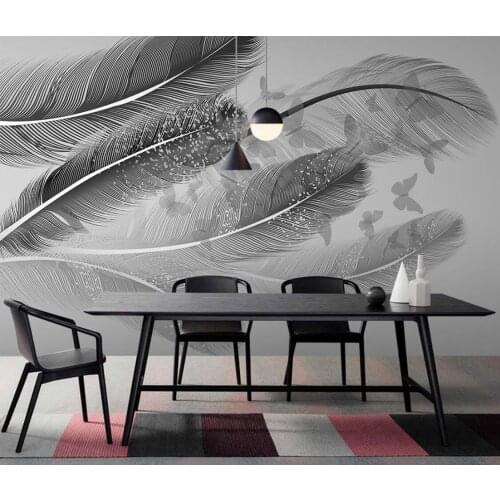 Custom wallpaper simple black and white gray feather butterfly TV sofa background wall mural home decoration 3d wallpaper