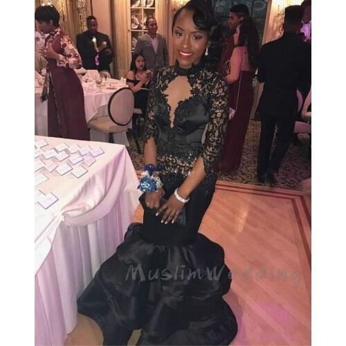 See Through Black Mermaid Prom Dresses Beaded Lace African Black Girls Evening Dress 2020 With Sleeves Tight Formal Evening Gown