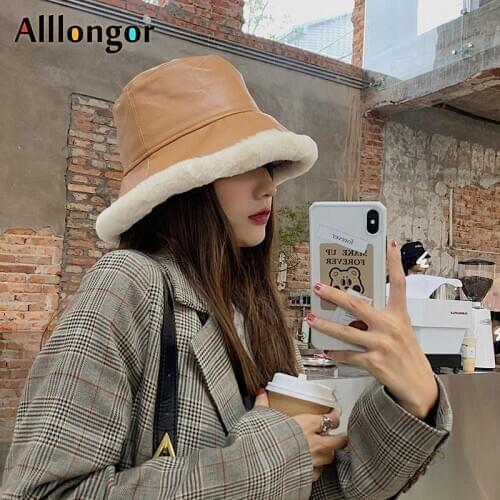 New Fashion 2020 Winter Black Pu Leather Bucket Hat Women Faux Fur Bob Chapeau femme harajuku Hip Hop Fishing Hat Fisherman cap