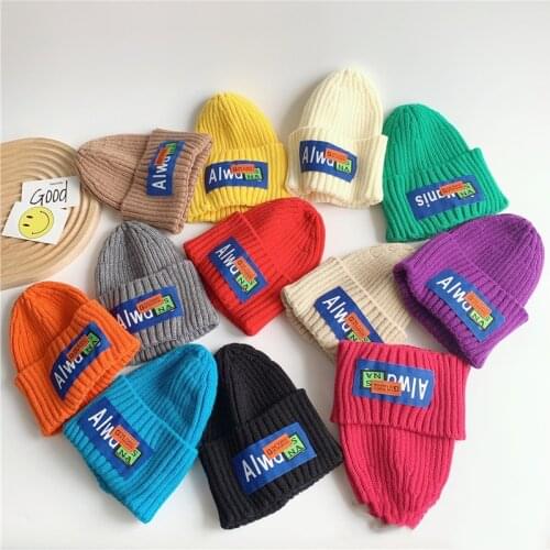 Winter Kids Boy Girl Knitted Hat New Style Solid Color Baby Cap Cloth Lable Letter Children Wool Hats Fashion Warm Beanies Caps