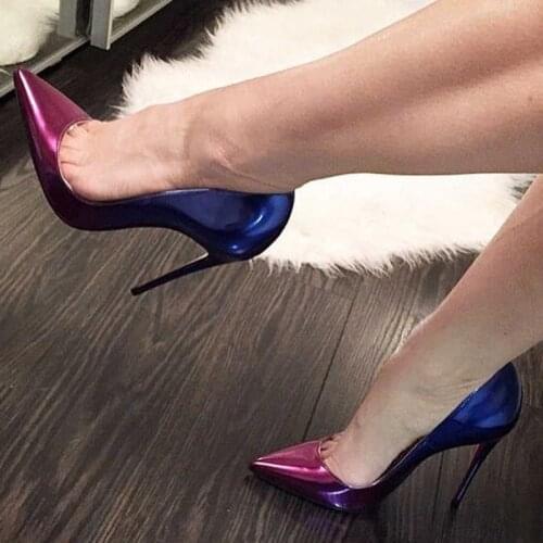 Stylish Gradient Color Stiletto Heels Pumps Purple Blue Patent Leather Pointed Toe Dress Shoes Patchwork Shallow Dress Shoes