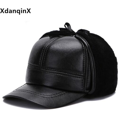 XdanqinX Winter Genuine Leather Cap Mens Warm Velvet Fur Bomber Hat Sheepskin Leather Thermal Earmuff Caps Brand Dad Winter Hat