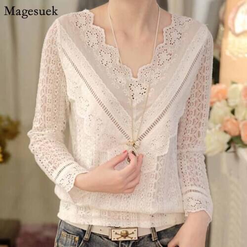Slim Lace V Neck Long Sleeve Female Shirt 2020 New Arrival Hot Sale Spring and Autumn Korean Fashion Women Blouse 63C 30