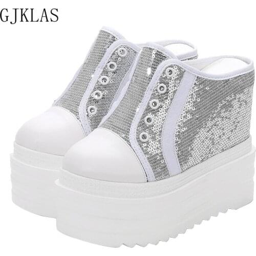 Wedge Platform Shoes Women Sneakers Fashion Black Silver Shoes for Women Heels Sequin Shoes Woman Slippers Chunky Sneakers New