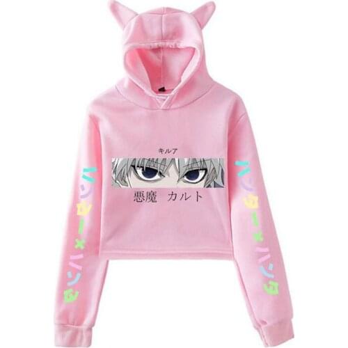 Women Hoodies Hunter X Hunter pink Pullovers cosplay costume girls Killua Zoldyck Devil Eye Print Cat CROP Streetswear Tops