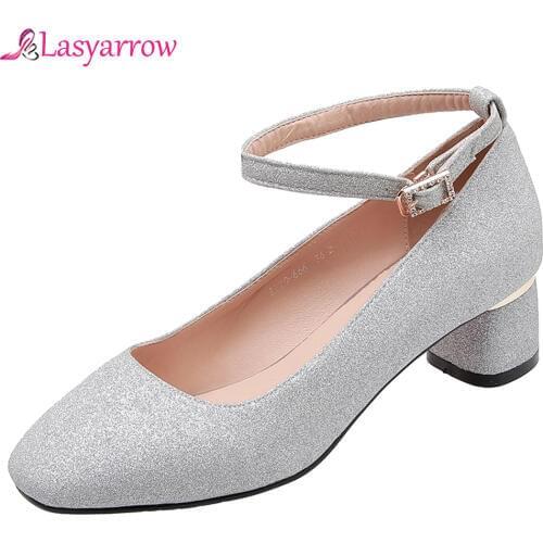 Lasyarrow Women Pumps Spring Autumn Dating Women Shoes Square Mid Heel Bling Buckle Woman Wedding Shoes Plus Size 32-43 J955