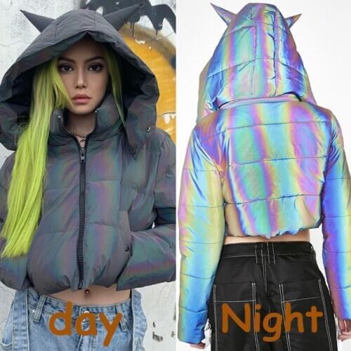 Flash Reflective Casual Loose Women Short Hooded Cotton coat Night Glowing Autumn Winter Front Zipper Hooded coat Music Carnival