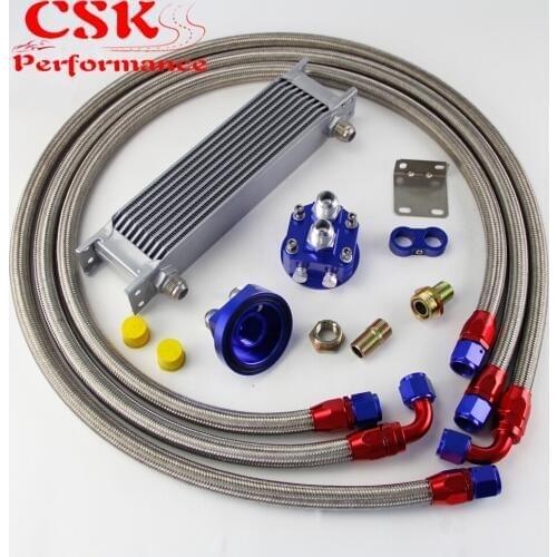10 Row AN10 Universal Engine Transmission Oil Cooler British Type + Filter Adapter Kit Blue