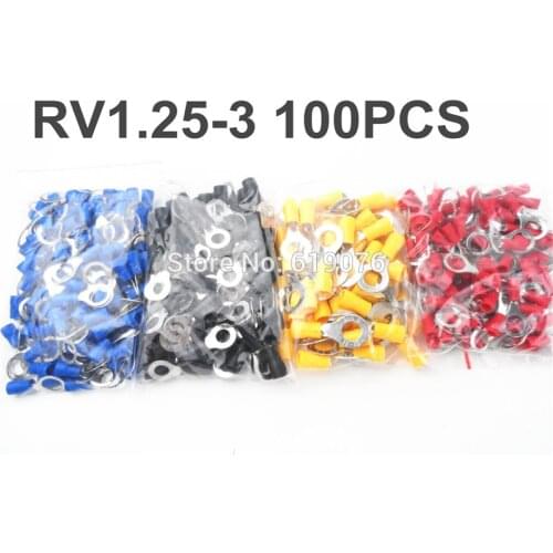 100pcs RV1.25-3 Cold pressed terminal O type circular pre insulated terminal wire nose cable size 0.5-1.5mm(A.W.G22-16)