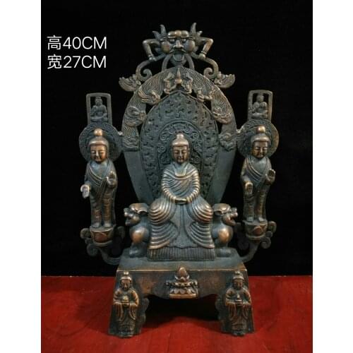 16" Tibet Buddhism Temple Old Bronze Northern Wei Buddha Model One Buddha and two disciples Shakyamuni Buddha Amitabha Enshrine