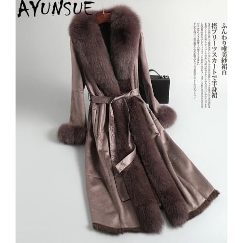 AYUNAUE Womens Rabbit Fur Coat Female Winter Clothes Women Long Coats and Jackets Real Fox Rur Collar 2020 Mujeres Abrigos 1210