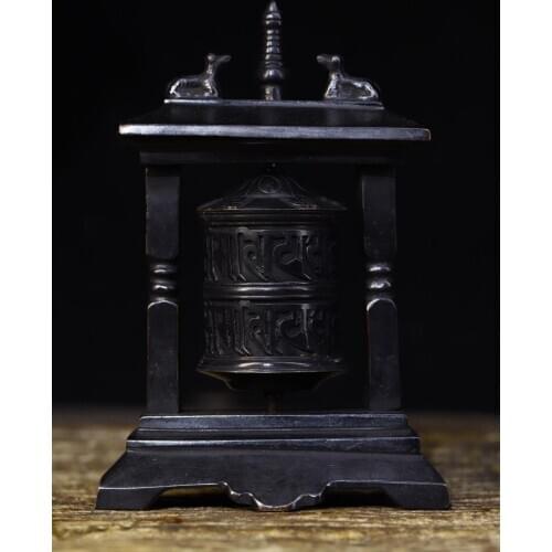 Home Decor 5" Tibet Buddhism Temple Old Bronze Goat statue Old prayer wheel There are scriptures inside Buddhist buddha bell