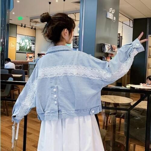 Elegant White Lace Light Blue Women Boyfriend Denim Jacket Streetwear Harajuku Jeans Coat Casual Vintage Lace Big Pockets Jacket