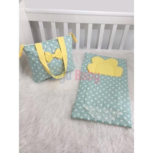 Jaju Baby Handmade, Yellow-Green Star Combination Baby Care Bag and Baby Diaper Changing Matte